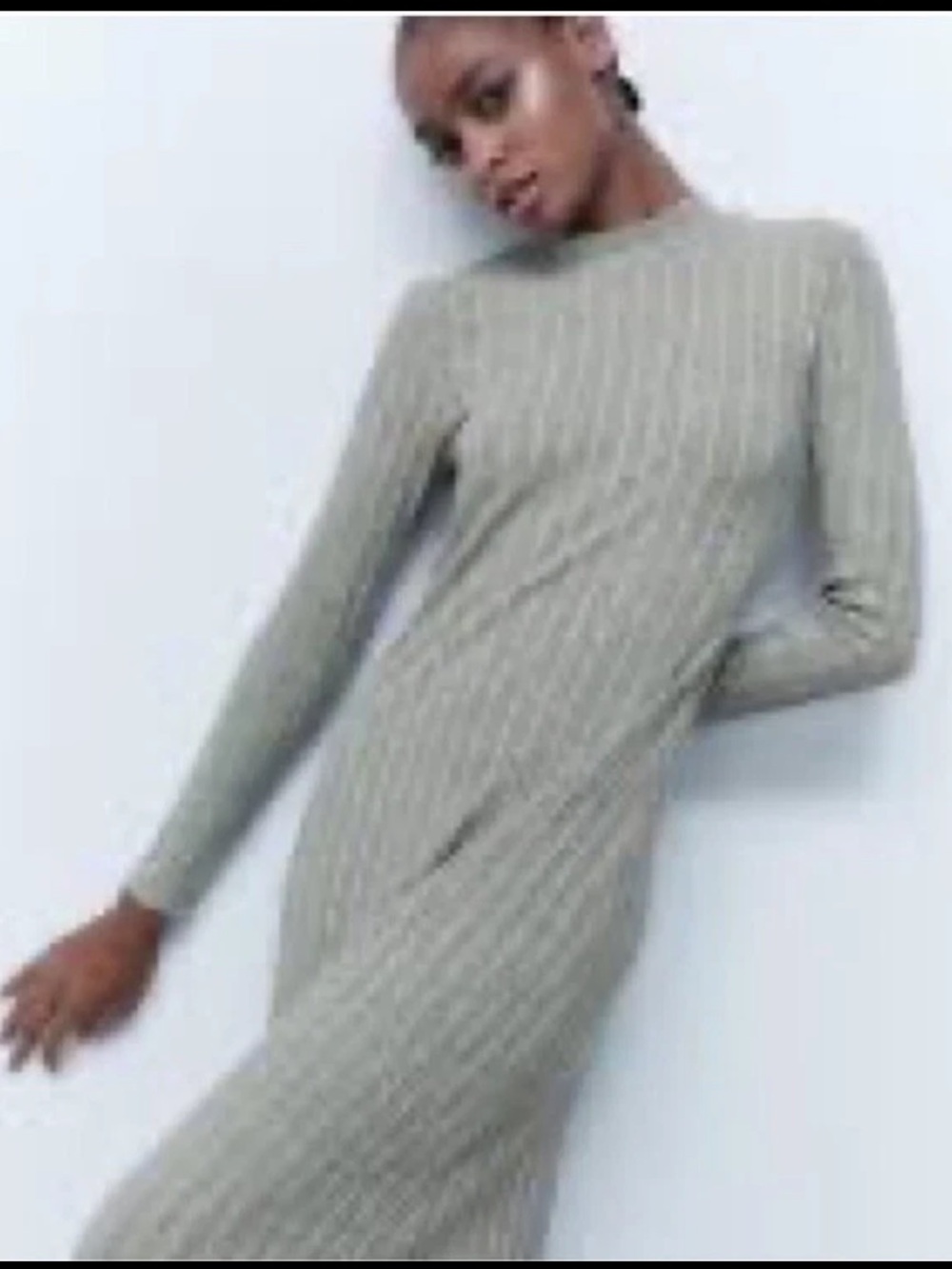 Zara Long Sleeve High Neck Green Ribbed Midi Dress. Size Small